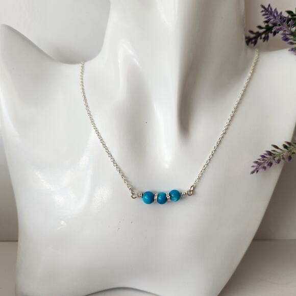 Silver Dainty Trio Turquoise Seashell Bar Necklace / Wire Wrapped Blue Necklace - Picture 3 of 6